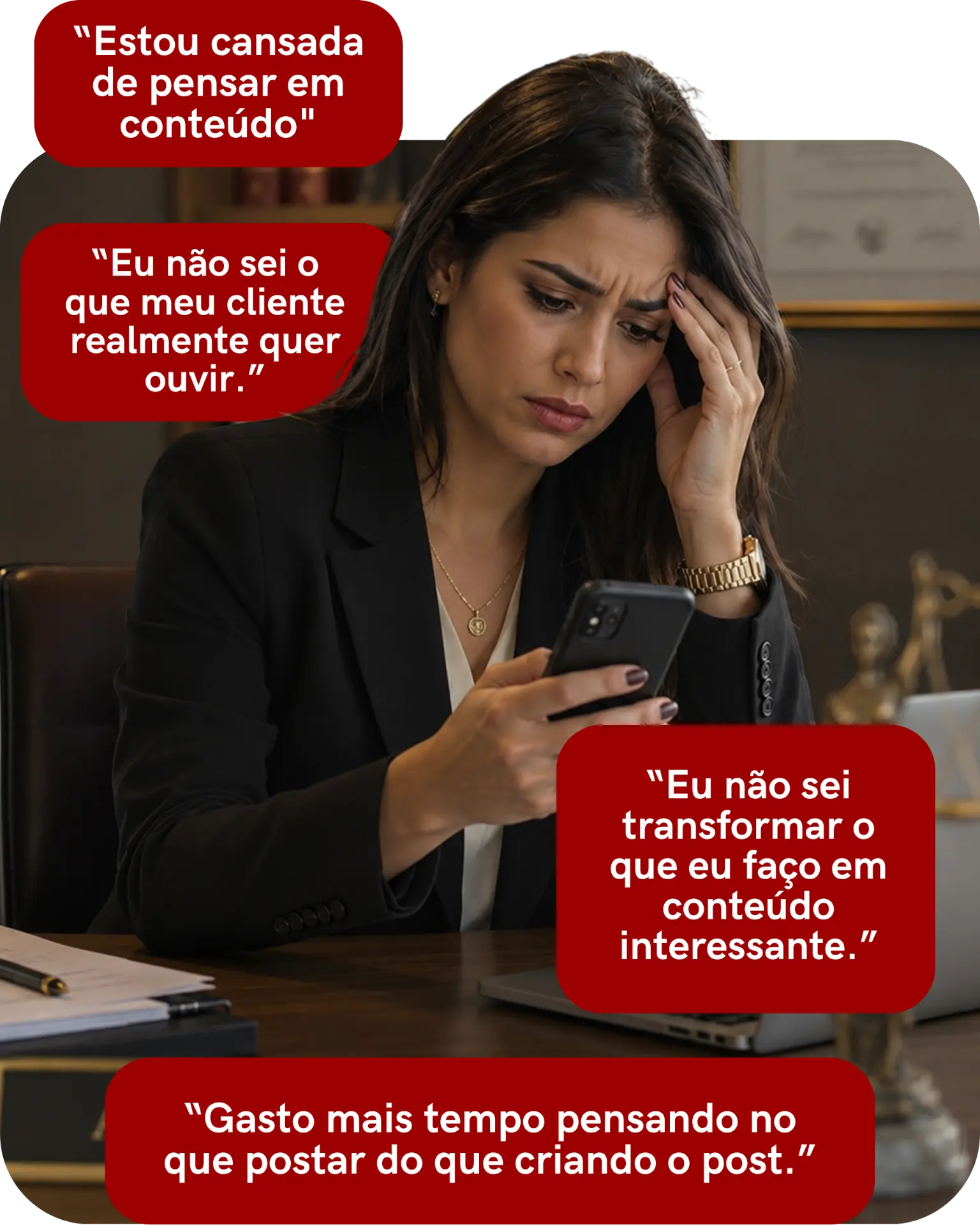 Profissional frustrada com pensamentos sobre o que postar