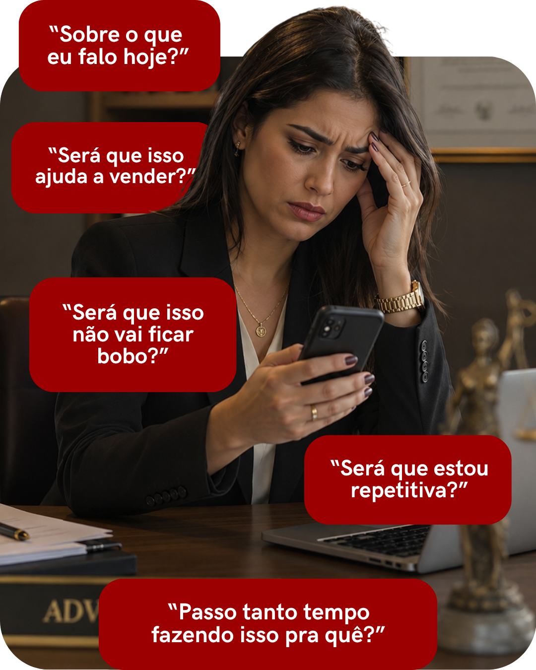 Profissional frustrada com pensamentos sobre o que postar