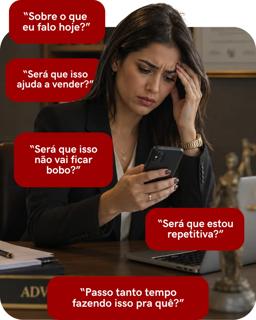Profissional frustrada com pensamentos sobre o que postar